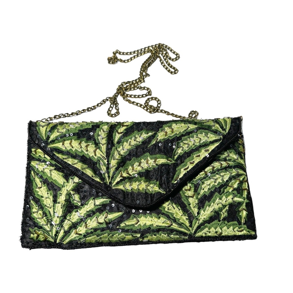 Clements Ribeiro Palm Leaves Clutch Purse Bag Handbag Chain Strap Beaded Green